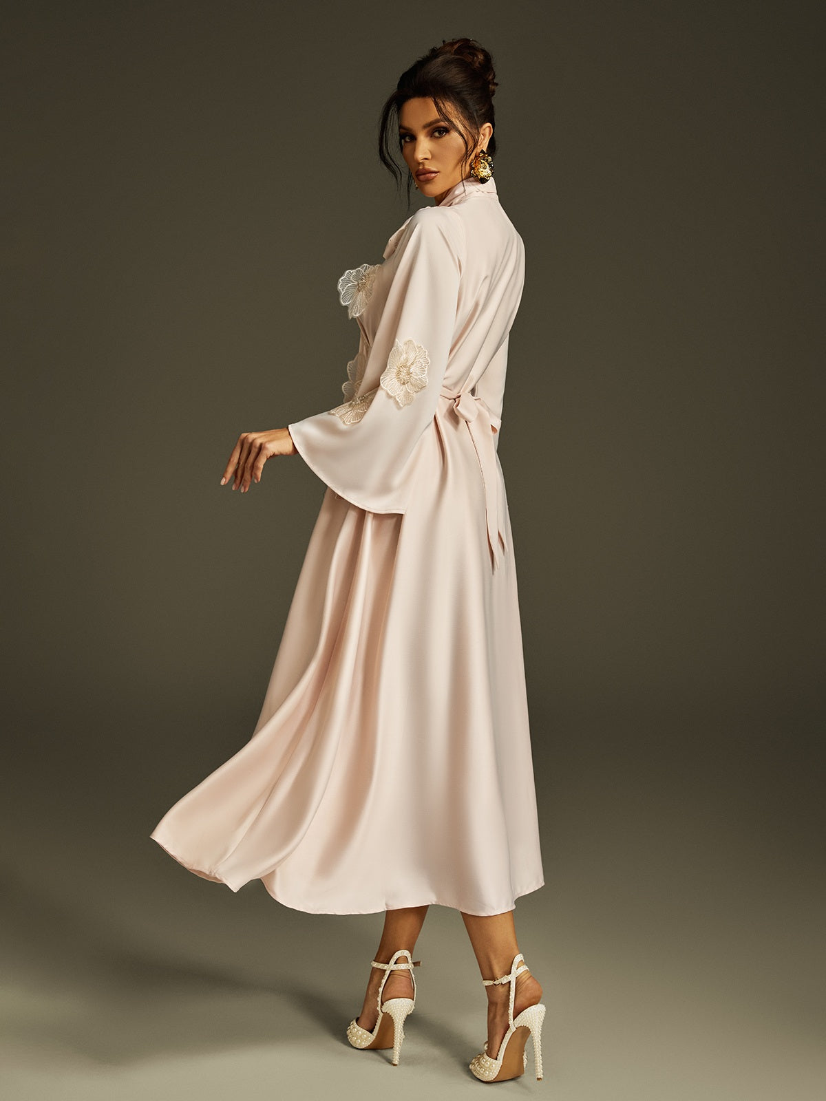 Pussy Bow Bell Sleeve 3D Lace Floral Applique Satin Midi Dress