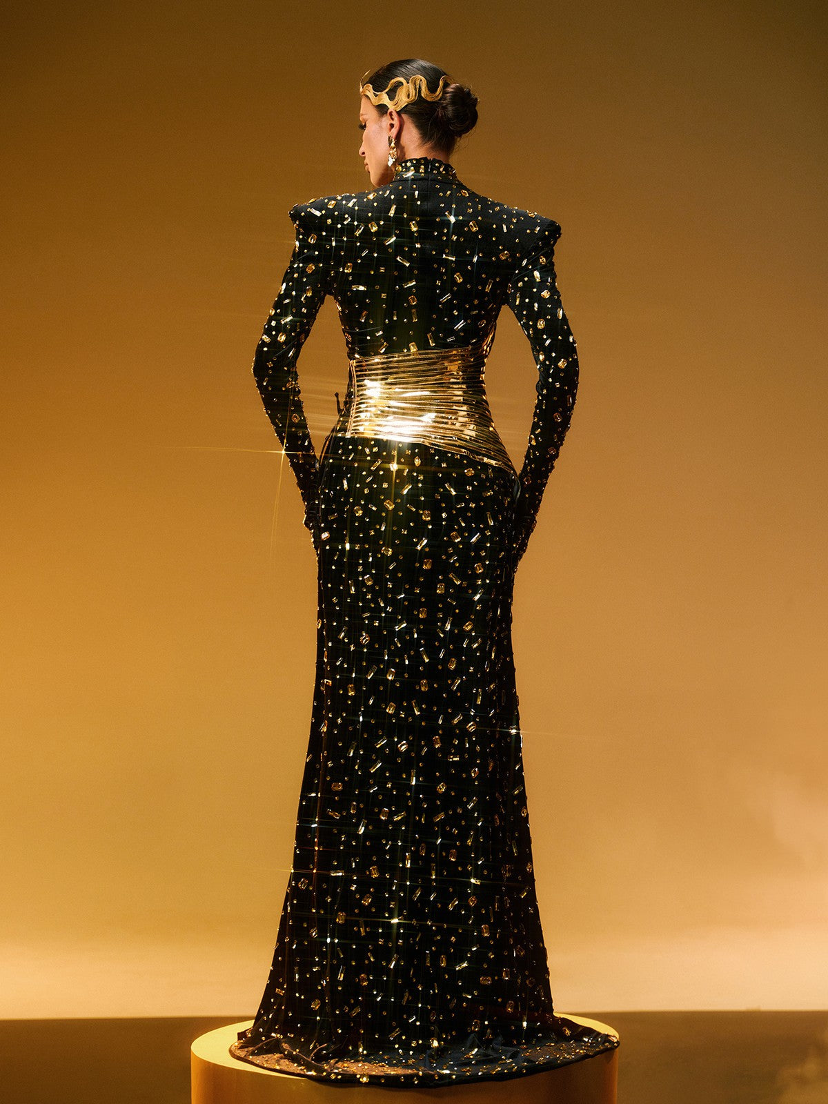 Mock Neck Glove Sleeve Structured Shoulder Corset Waist Slit Stud Maxi Gown