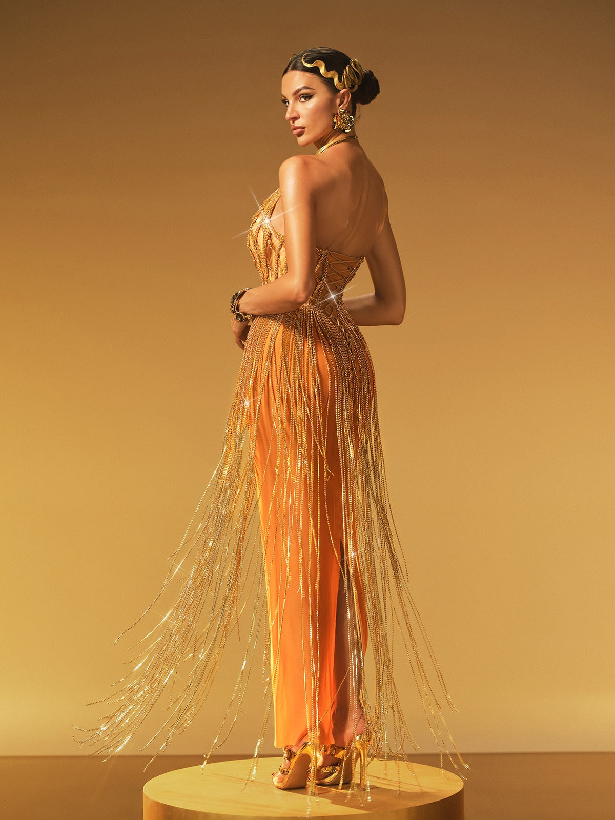 Spaghetti Strap Lattice Corset Crystal Chain Fringe Maxi Gown