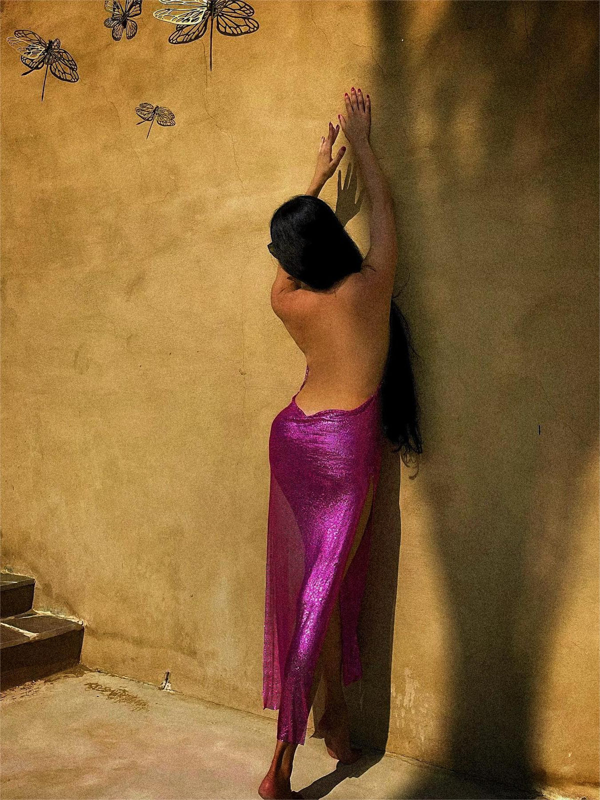 Backless High Slit Draped Metallic Mesh Chainmail Maxi Dress