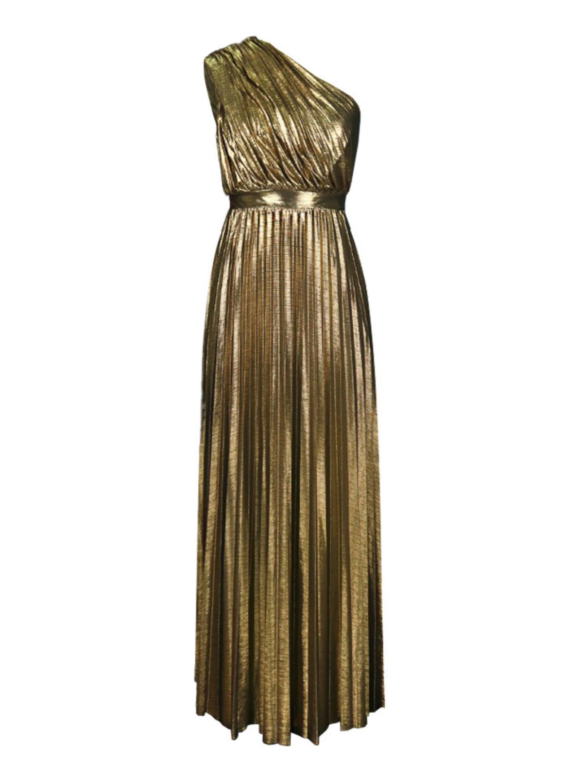 One Shoulder Pleated Metallic Waistband Column Maxi Dress