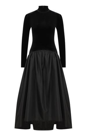 Velvet Mock Neck Gathered Waist Pleated A-Line Maxi Dress
