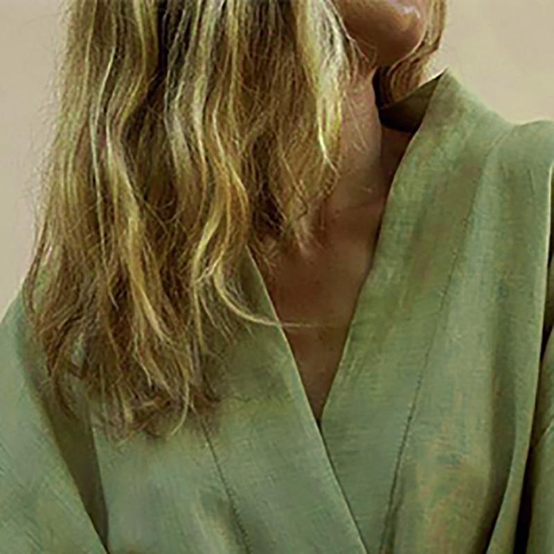 Deep V Neck Wrap Front Bell Sleeve Tie Waist Linen Kimono Mini Dress