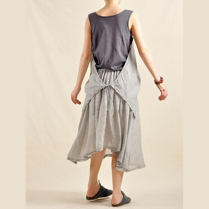 Scoop Neck Sleeveless Grid Check Layered Linen Midi Tank Dress Set