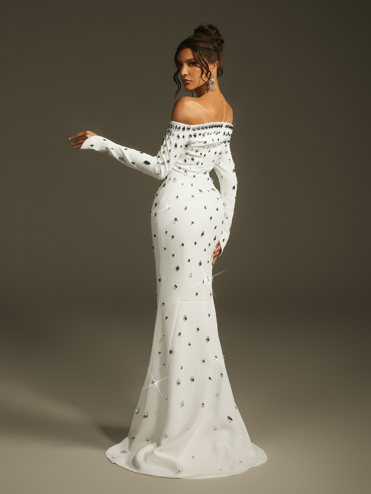 Off Shoulder Long Sleeve Crystal Embellished Mermaid Maxi Gown
