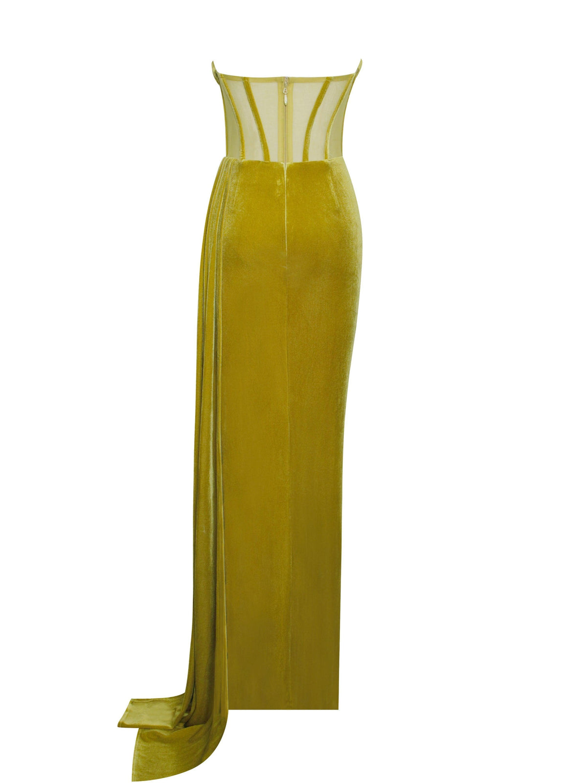 Strapless Corset Bodice Velvet High Slit Flowing Train Maxi Gown