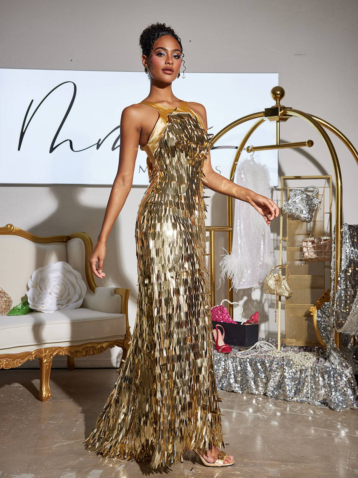 Halter Neck Vertical Sequin Fringe Column Maxi Gown