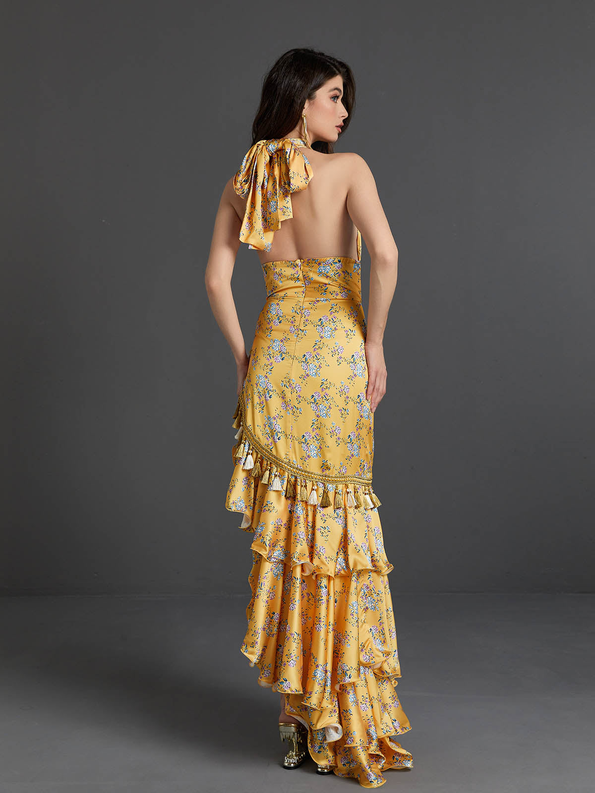 Halter Wrap Keyhole Floral Print Tassel Tiered Ruffle Maxi Gown
