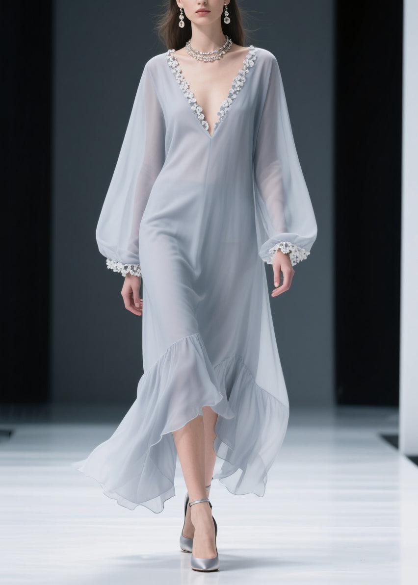 Deep V-Neck Lace Applique Trim Bishop Sleeve Ruffled High-Low Chiffon Maxi Gown