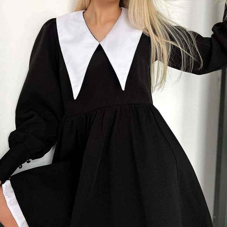 Contrast Collar Puff Sleeve Ruffle Hem Long Sleeve Mini Dress