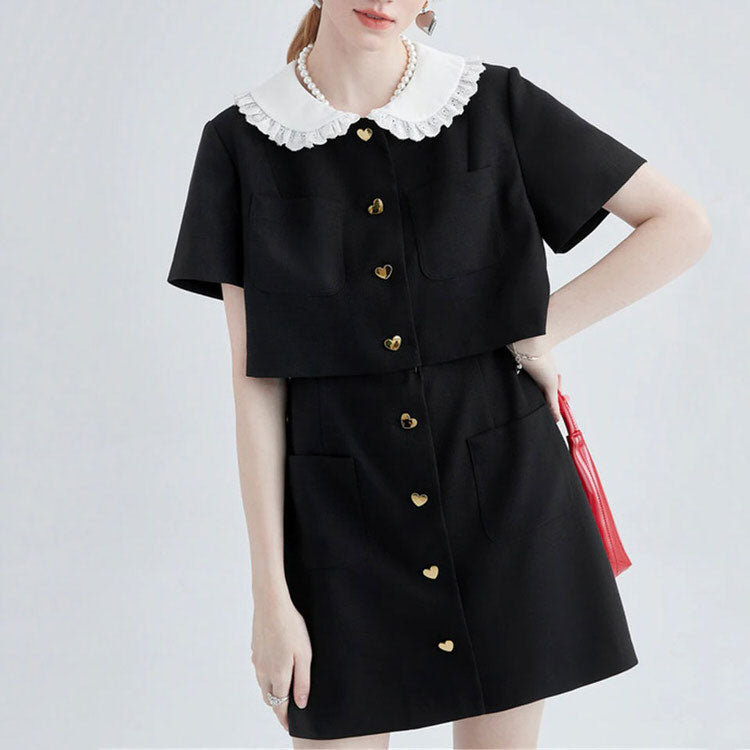 Contrast Lace Collar Heart Button Patch Pocket Mini Dress