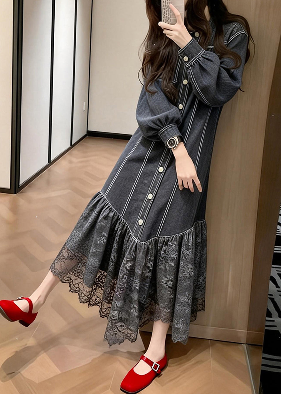 Pinstripe Button Front Puff Sleeve Lace Ruffle Hem Midi Dress