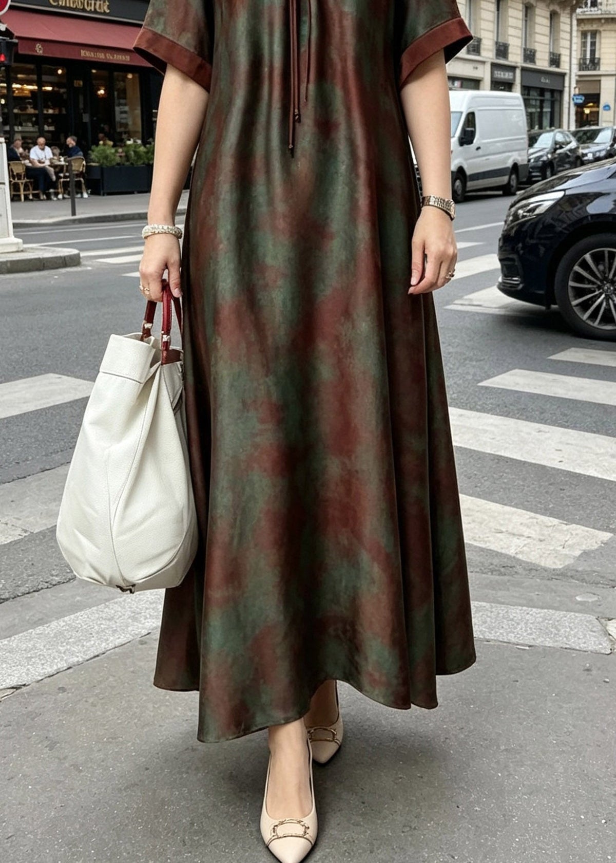 Mandarin Collar Botanical Fern Print Short Sleeve Maxi Dress