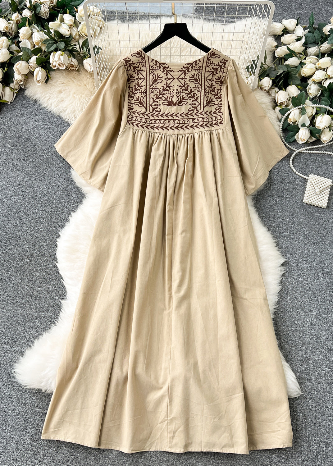 Tassel Tie Embroidered Folk Yoke Bell Sleeve Linen Maxi Dress