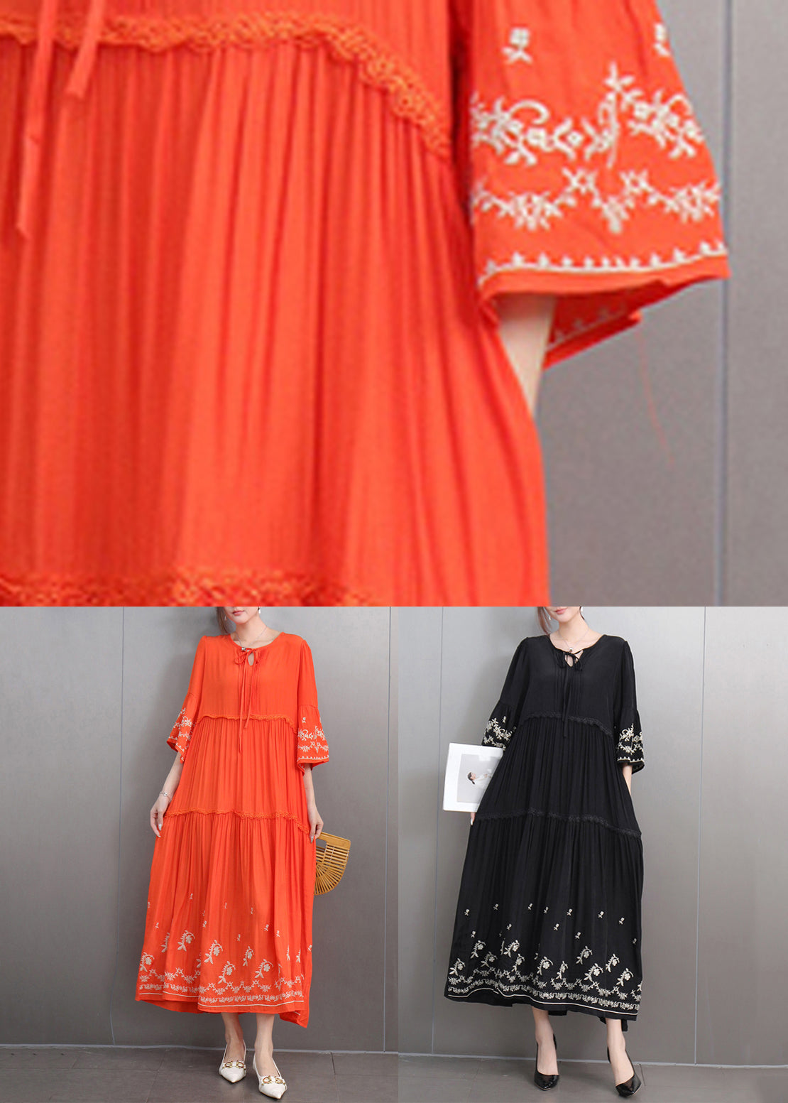 Keyhole Tie Neck Floral Embroidered Tiered Bell Sleeve Maxi Dress