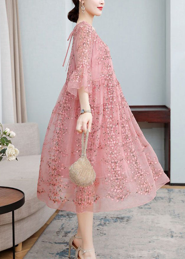 Scoop Neck Tiered Ruffle Cuff Floral Embroidered Sequin Mesh Maxi Dress