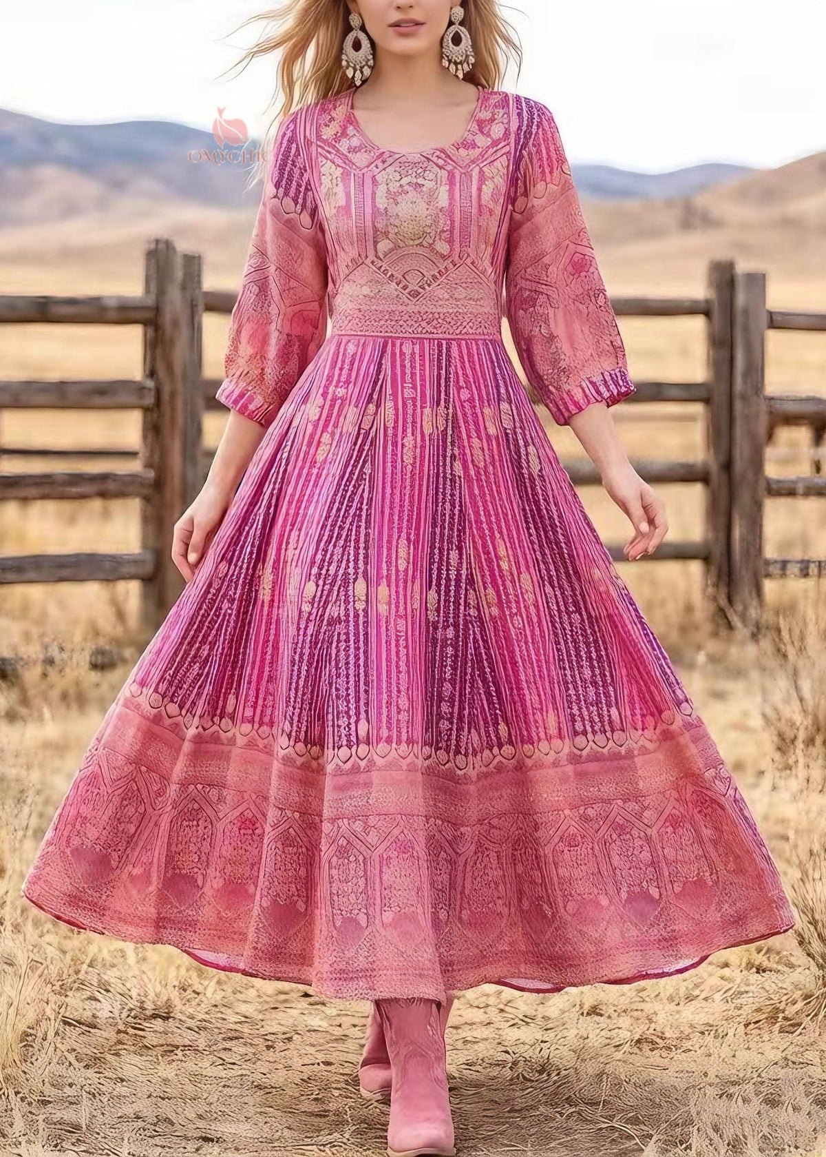Round Neck Three-Quarter Sleeve Pleated Ornate Print Border Hem Maxi Dress
