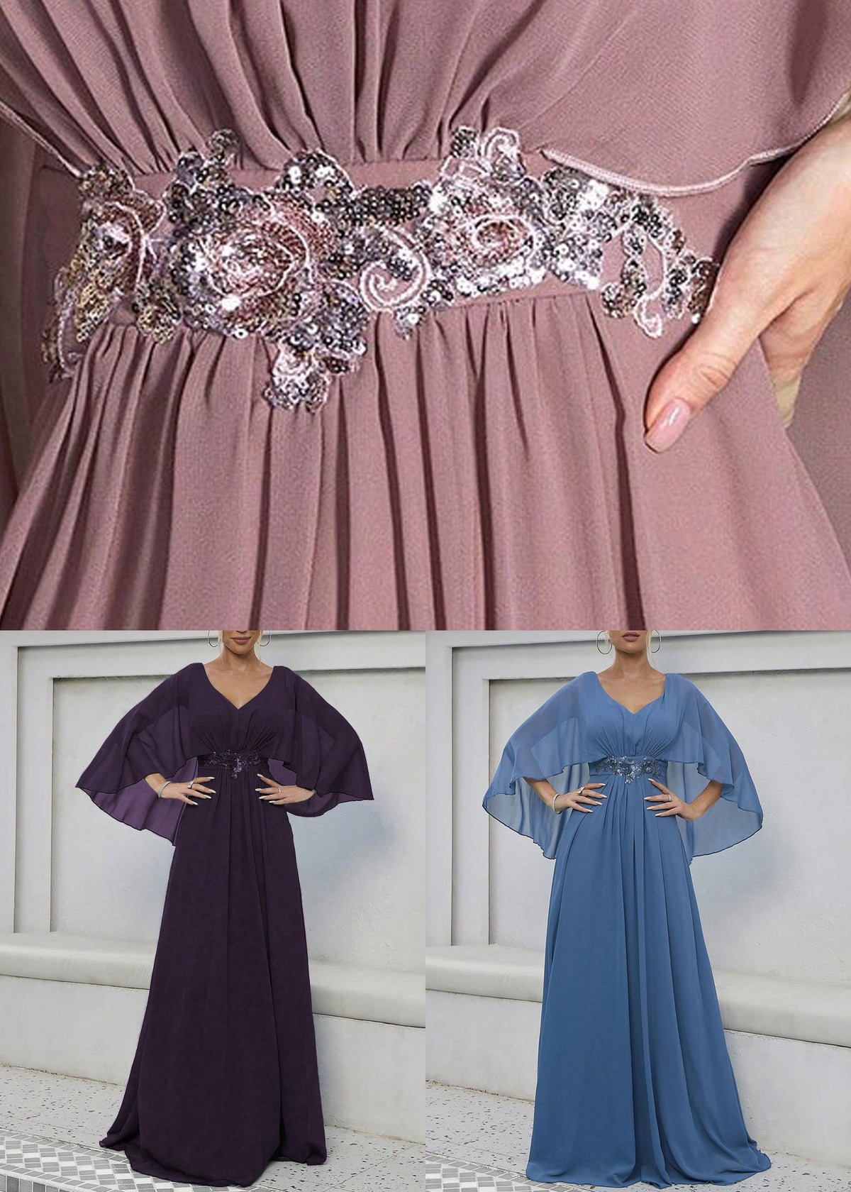Deep V Neck Cape Sleeve Flutter Chiffon Empire Waist Maxi Gown