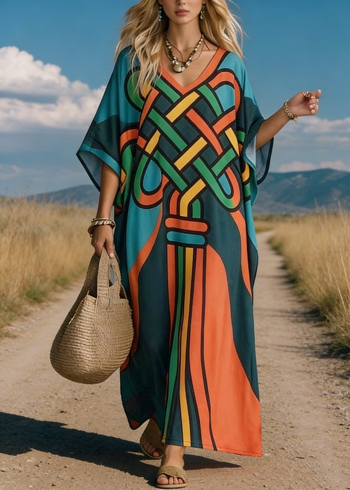 Deep V Neck Graphic Ribbon Print Kimono Sleeve Kaftan Maxi Dress