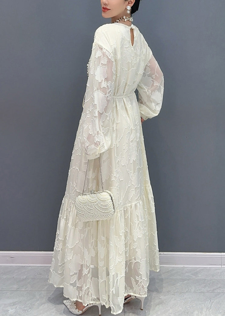 Crew Neck Floral Burnout Sheer Jacquard Ruffle Hem Puff Sleeve Maxi Dress
