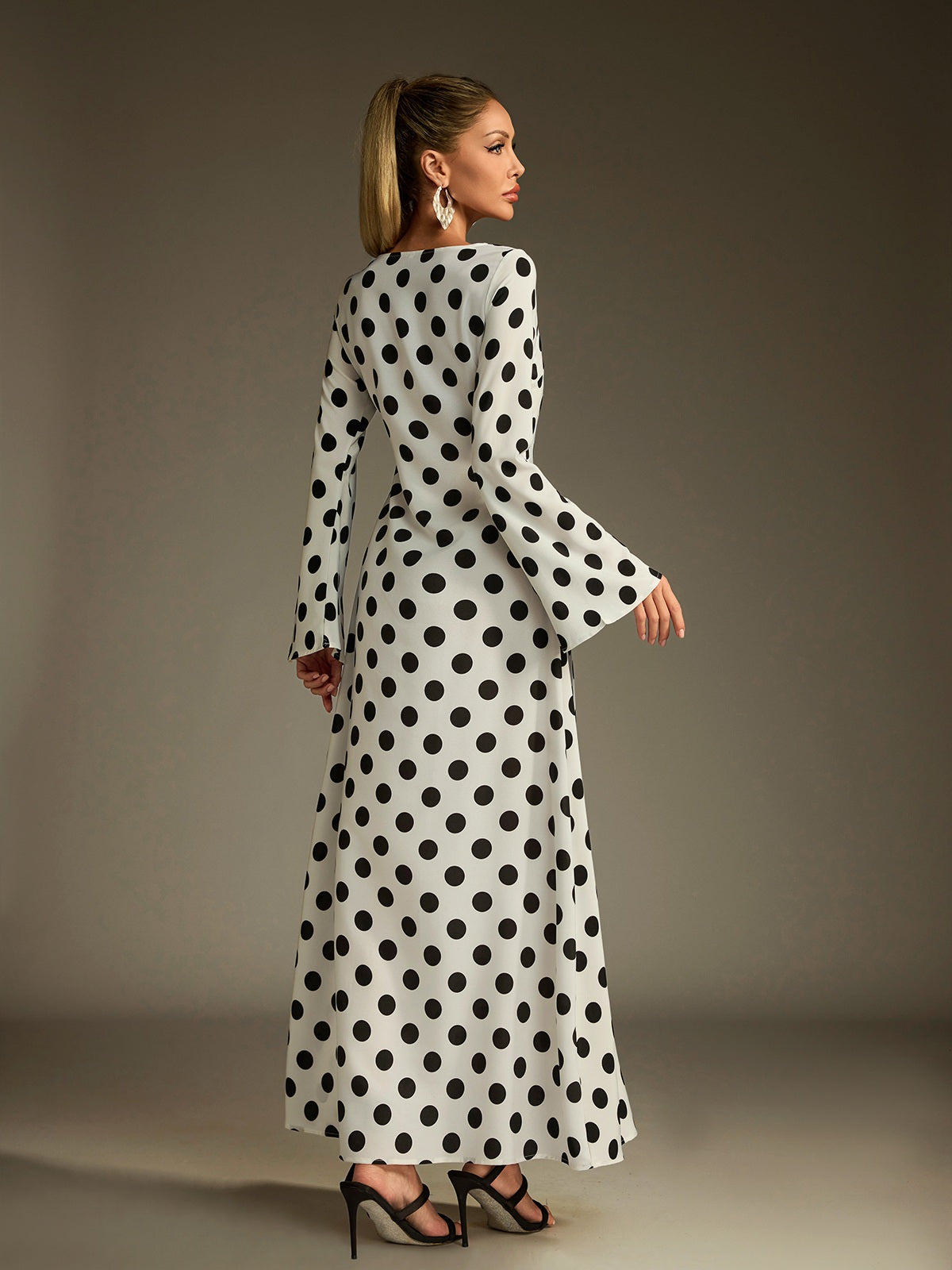 Crew Neck Long Sleeve Bell Cuff Polka Dot Maxi Dress