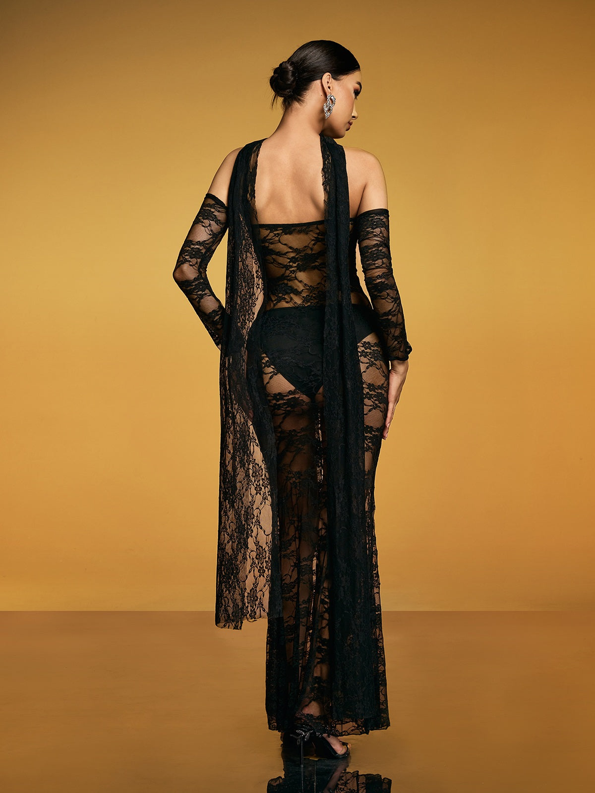 Strapless Floral Lace Cutout High Slit Maxi Gown