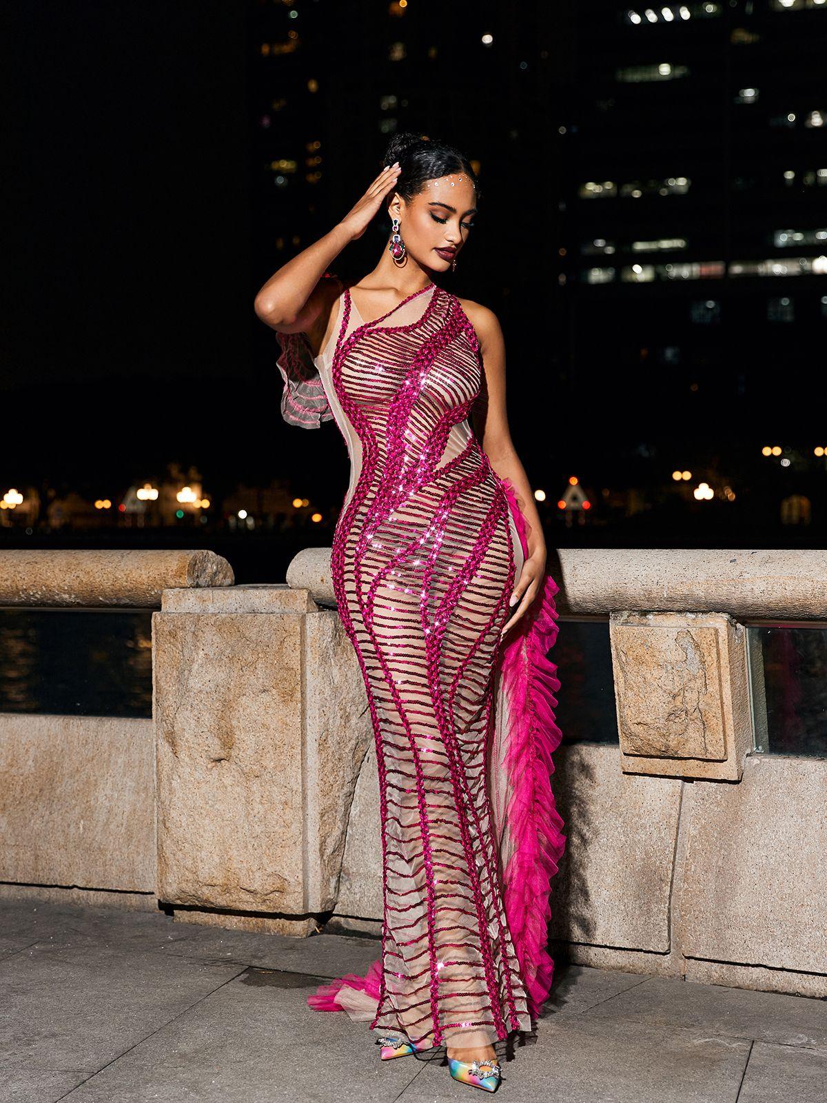 One Shoulder Sequin Wave Mesh Asymmetric Maxi Dress with Ruffle Cape