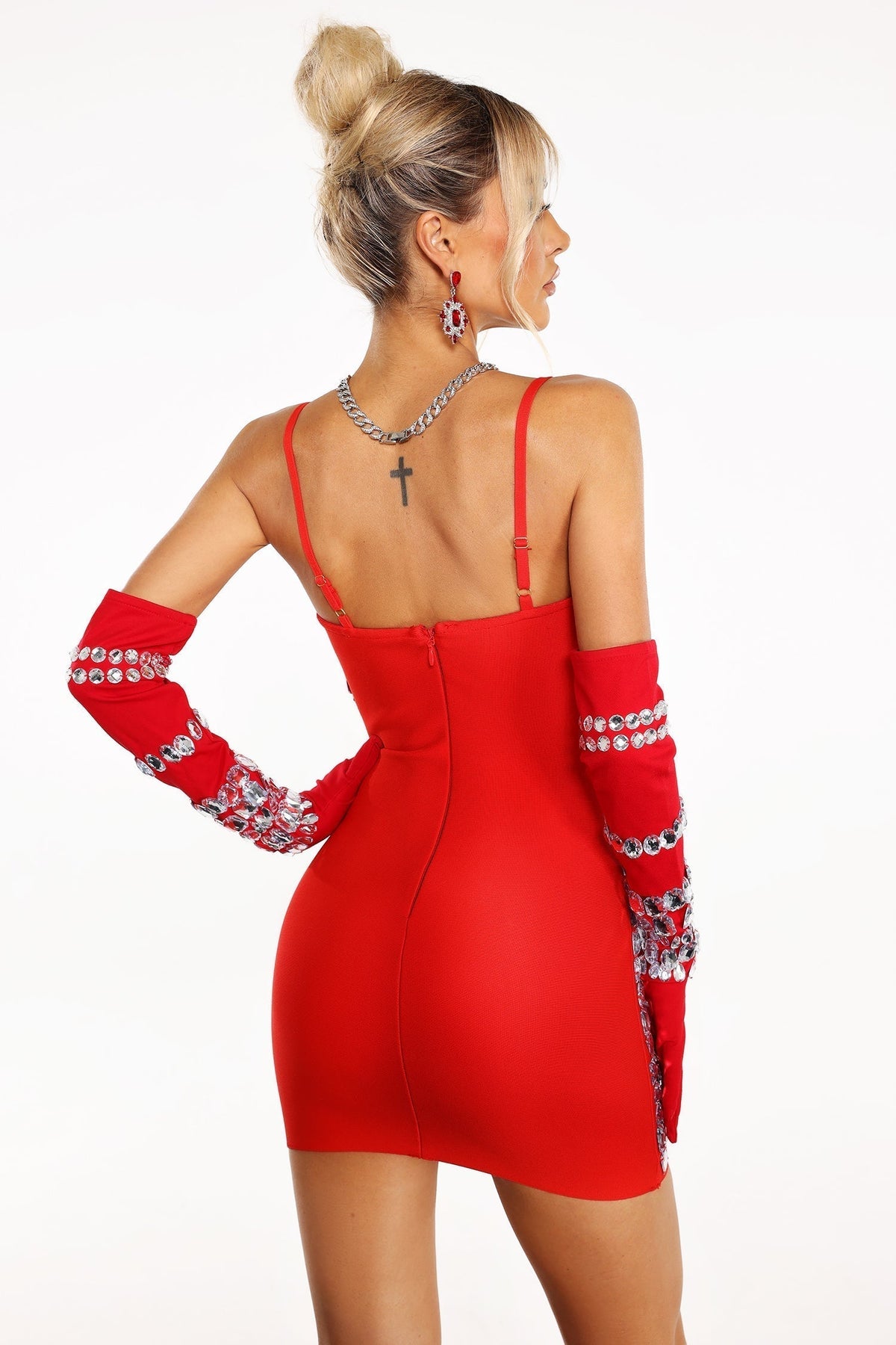 Spaghetti Strap Geometric Rhinestone Opera Glove Mini Dress