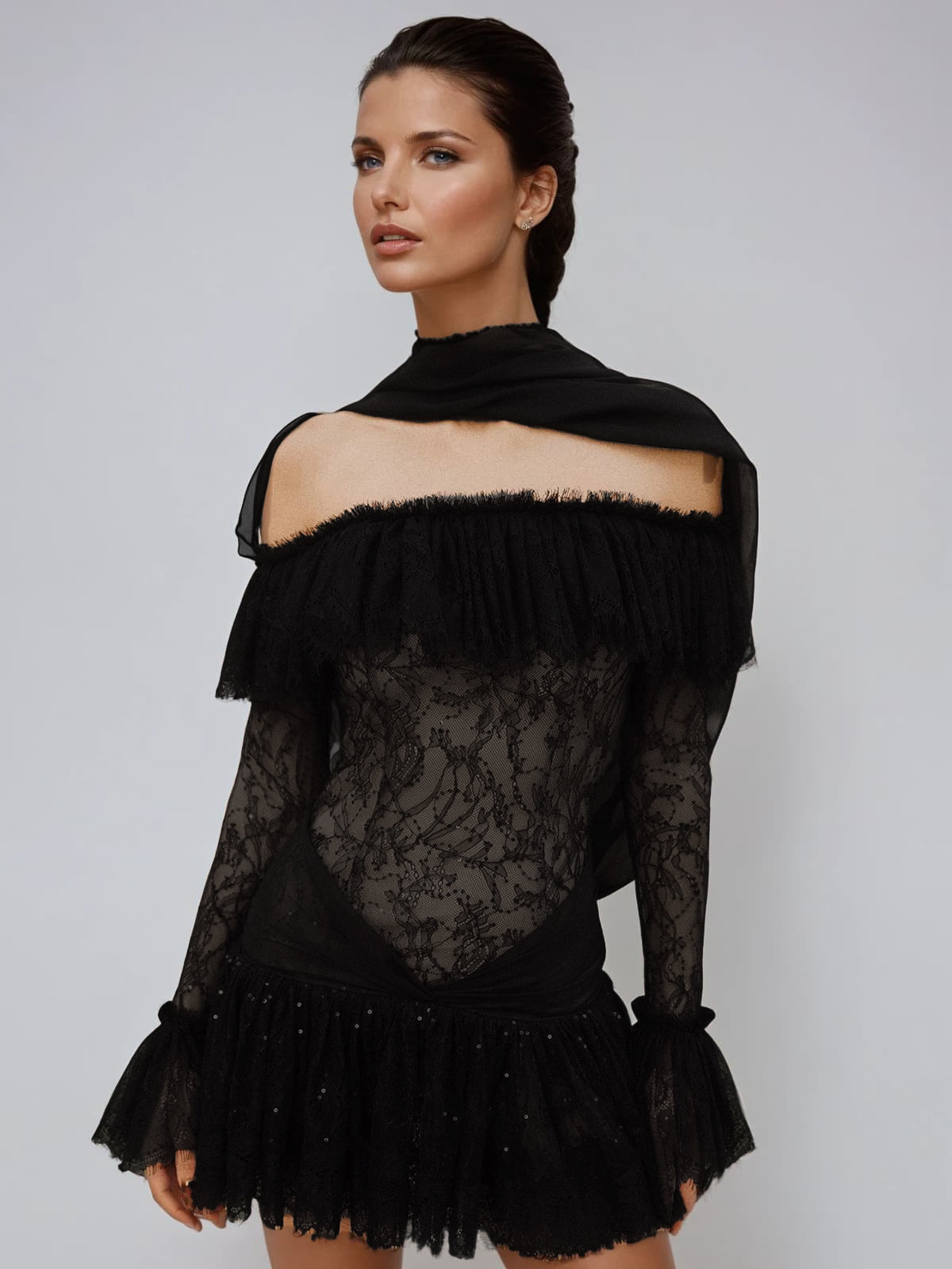 Off Shoulder Choker Neck Lace Ruffle Bell Sleeve Tiered Mini Dress