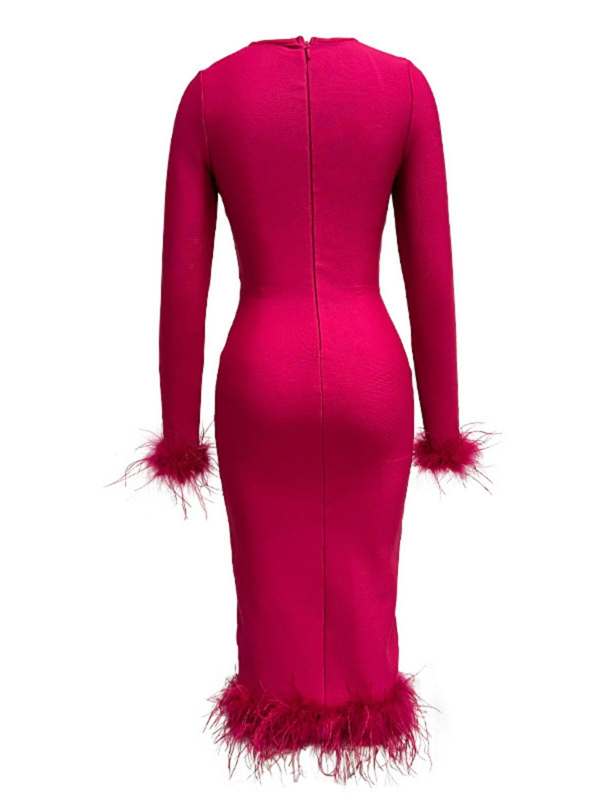 Square Neck Long Sleeve Feather Cuff Hem Bandage Midi Dress