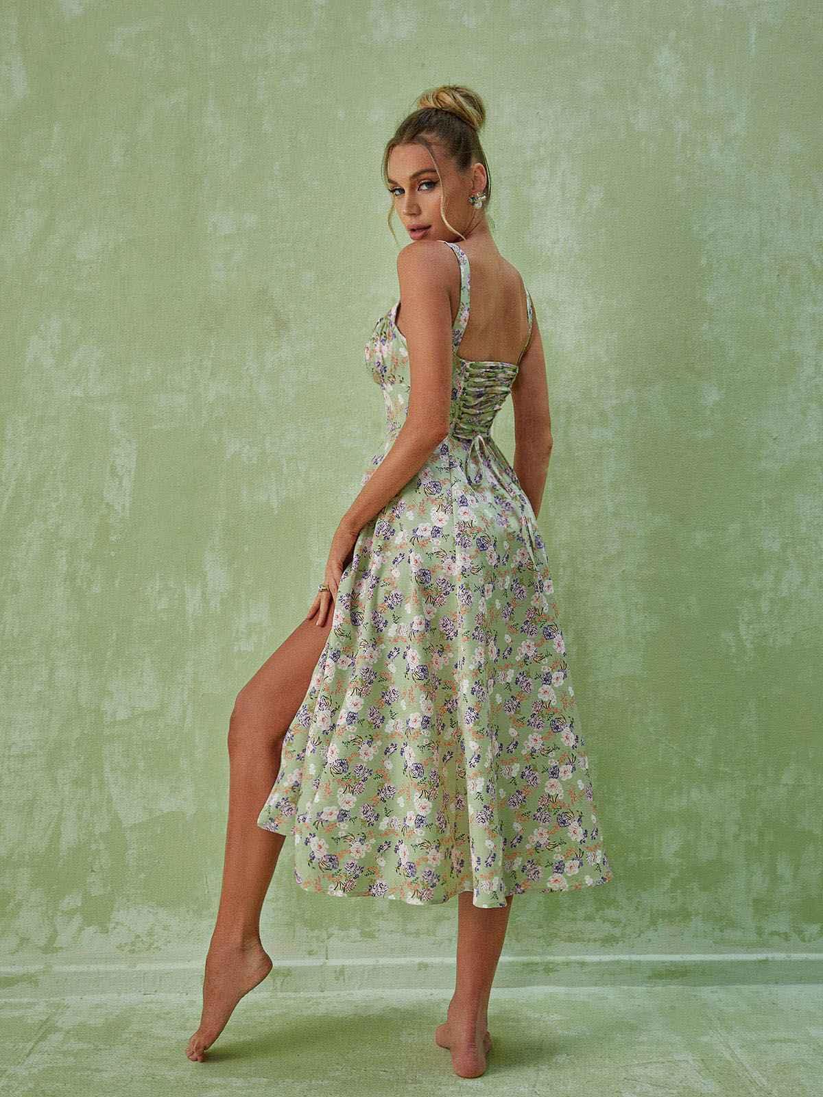 Square Neck Corset Floral Print Keyhole Slit Midi Dress