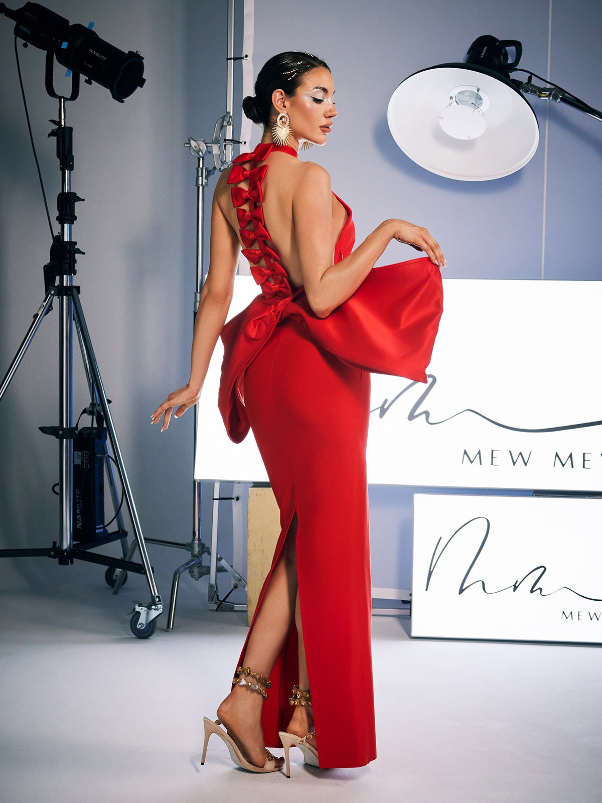 Strapless Sweetheart Bow Detail High Slit Bandage Midi Dress