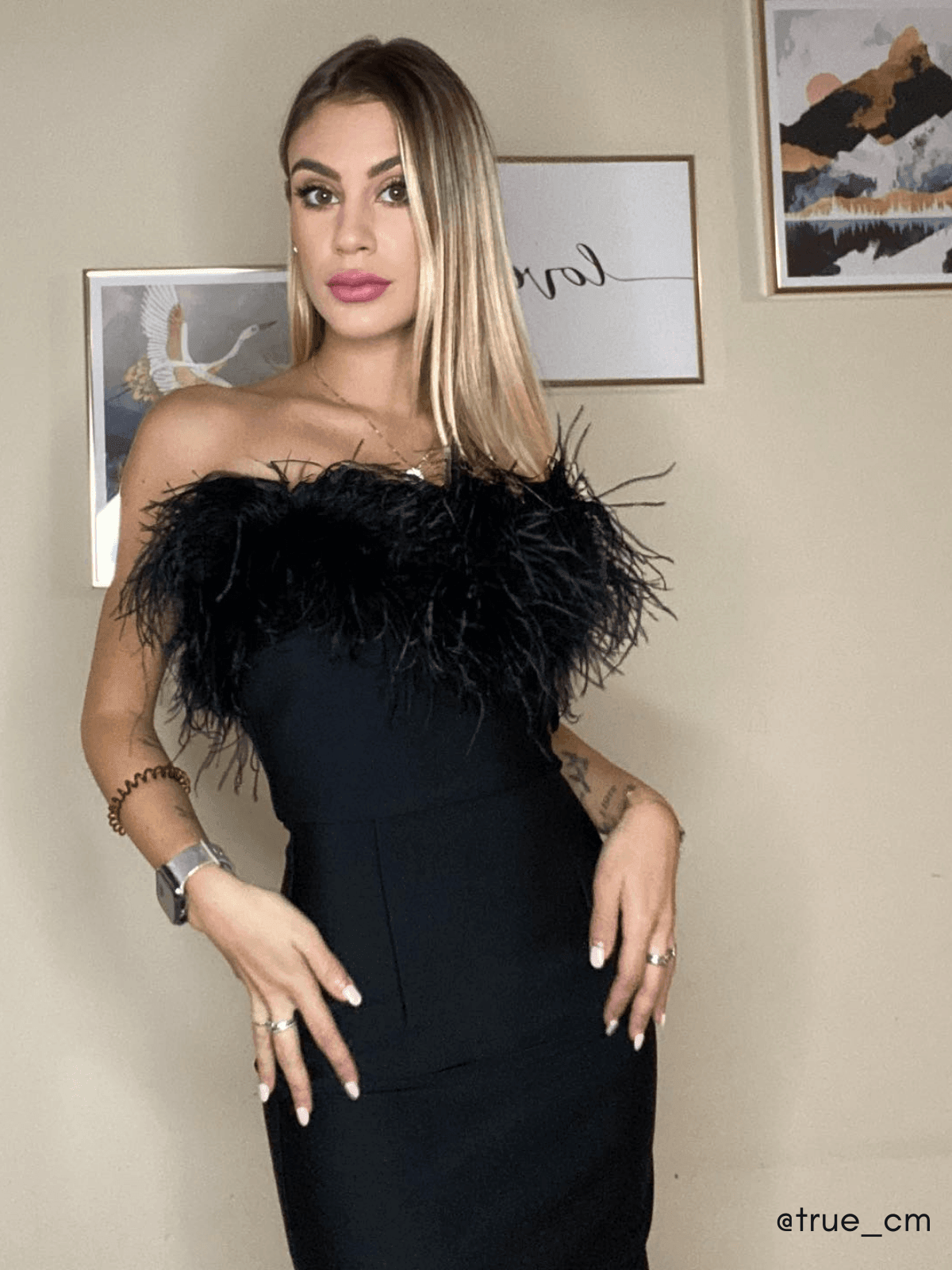 Strapless Feather Trim Bodycon Maxi Gown