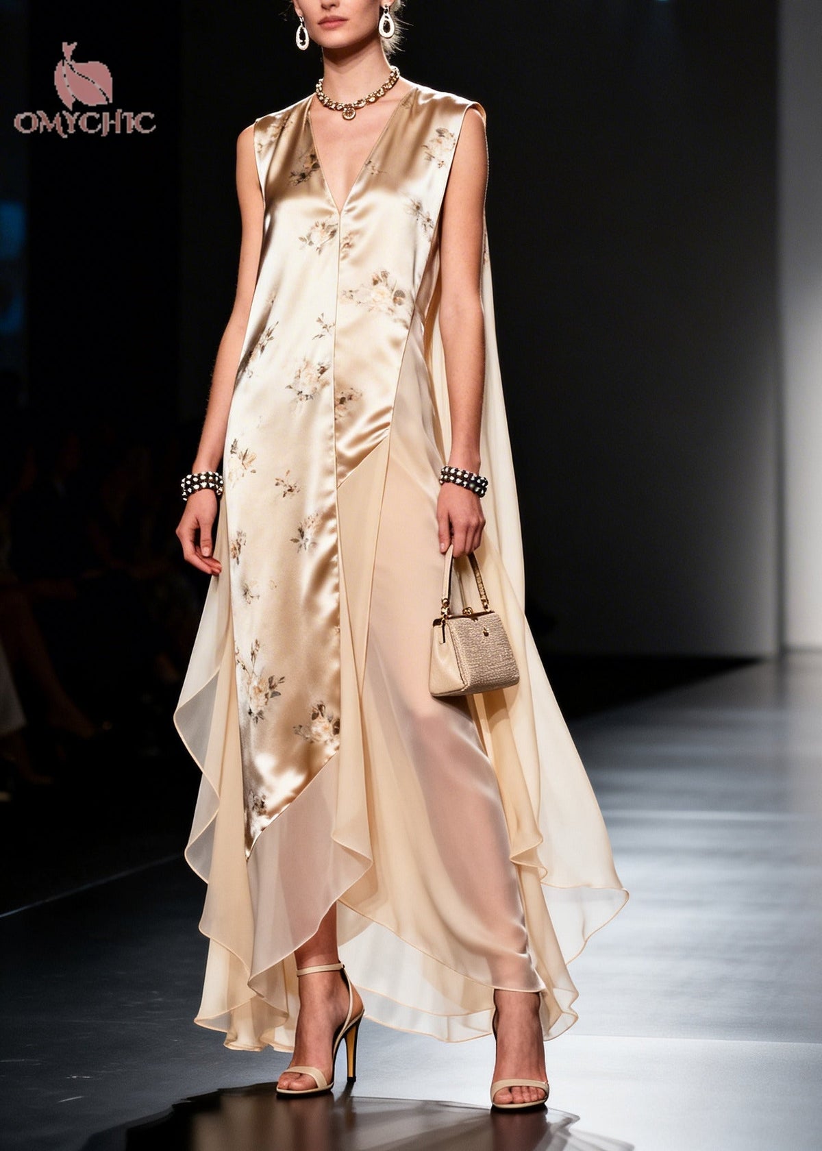 Sleeveless Deep V-Neck Floral Print Sheer Panel Asymmetrical Hem Maxi Gown