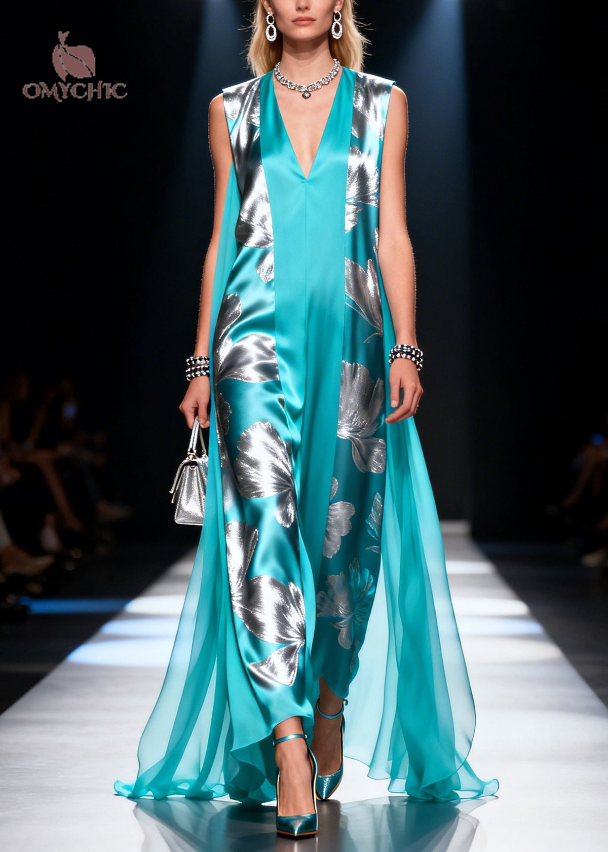 Deep V-Neck Metallic Floral Print Sheer Side Panel Maxi Gown