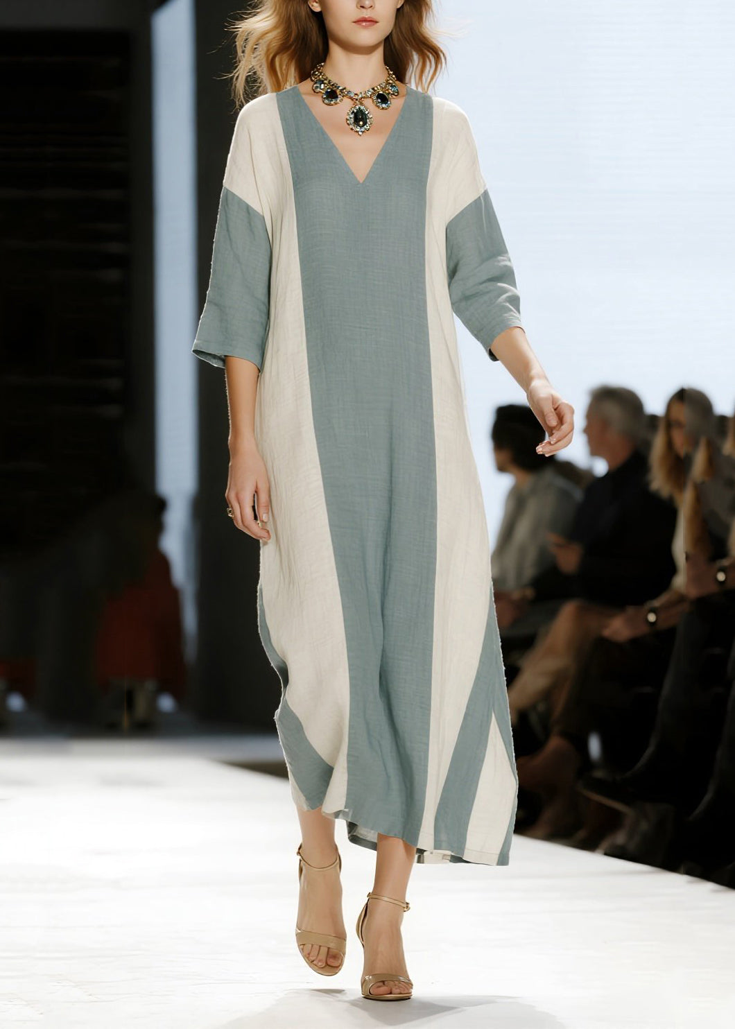 Deep V-Neck Colorblock Vertical Stripe Linen Three-Quarter Sleeve Midi Dress