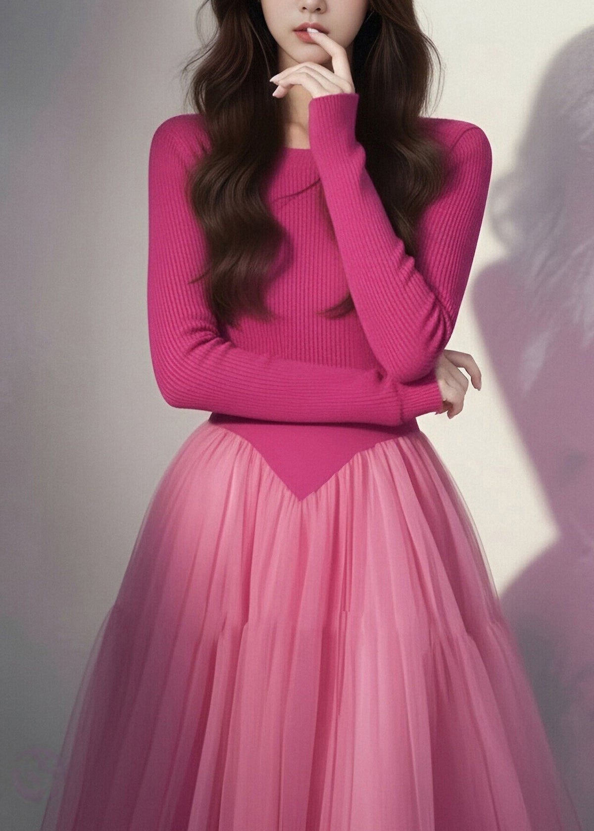 Crew Neck Ribbed Knit Pointed Drop Waist Layered Tulle Midi Dress