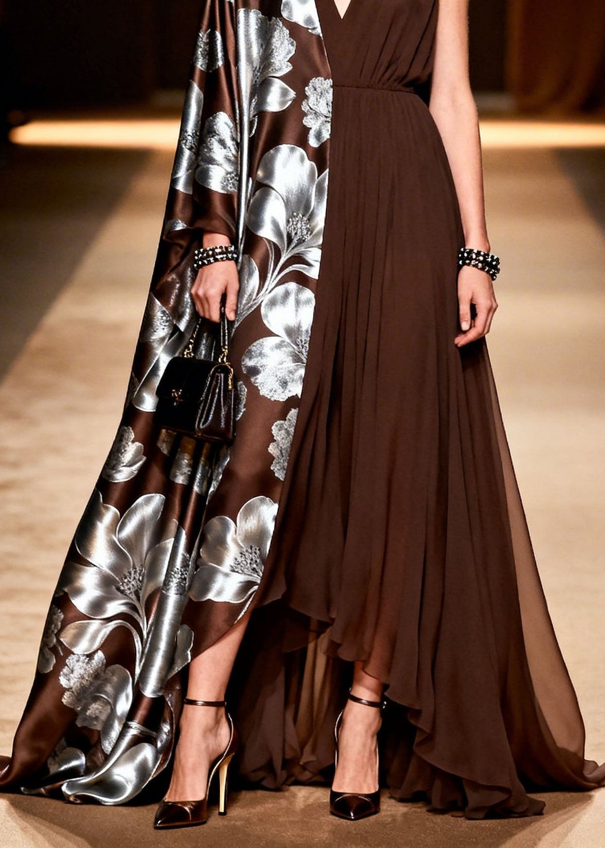 Asymmetrical Deep V-Neck Metallic Floral Print Satin Cape Sleeve Pleated Chiffon Maxi Gown