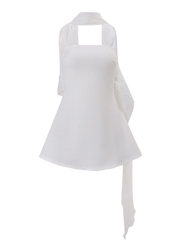 Strapless Structured Flare Skirt Neck Sash Drape Mini Dress