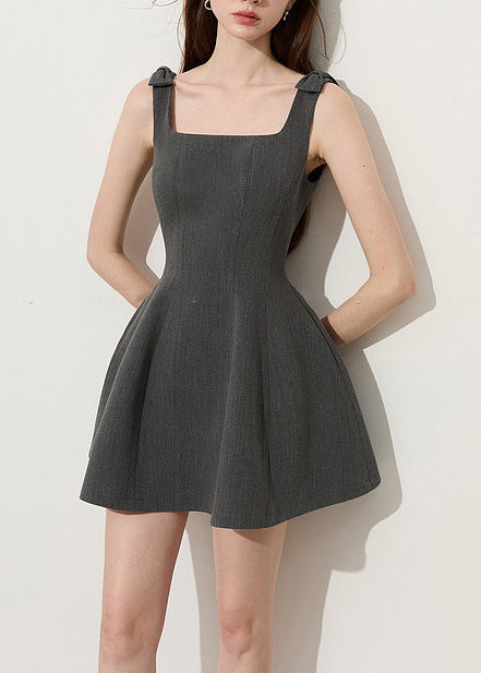 Square Neck Shoulder Bow Box Pleat Princess Seam Skater Mini Dress
