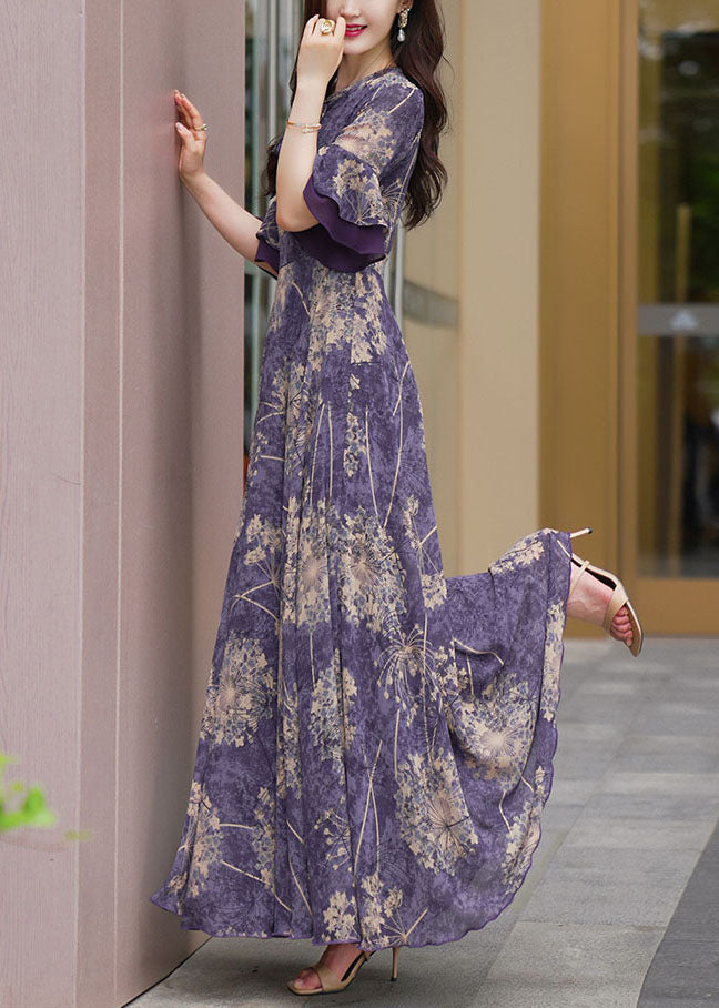 Round Neck Print Patchwork High Waist Chiffon Maxi Dress