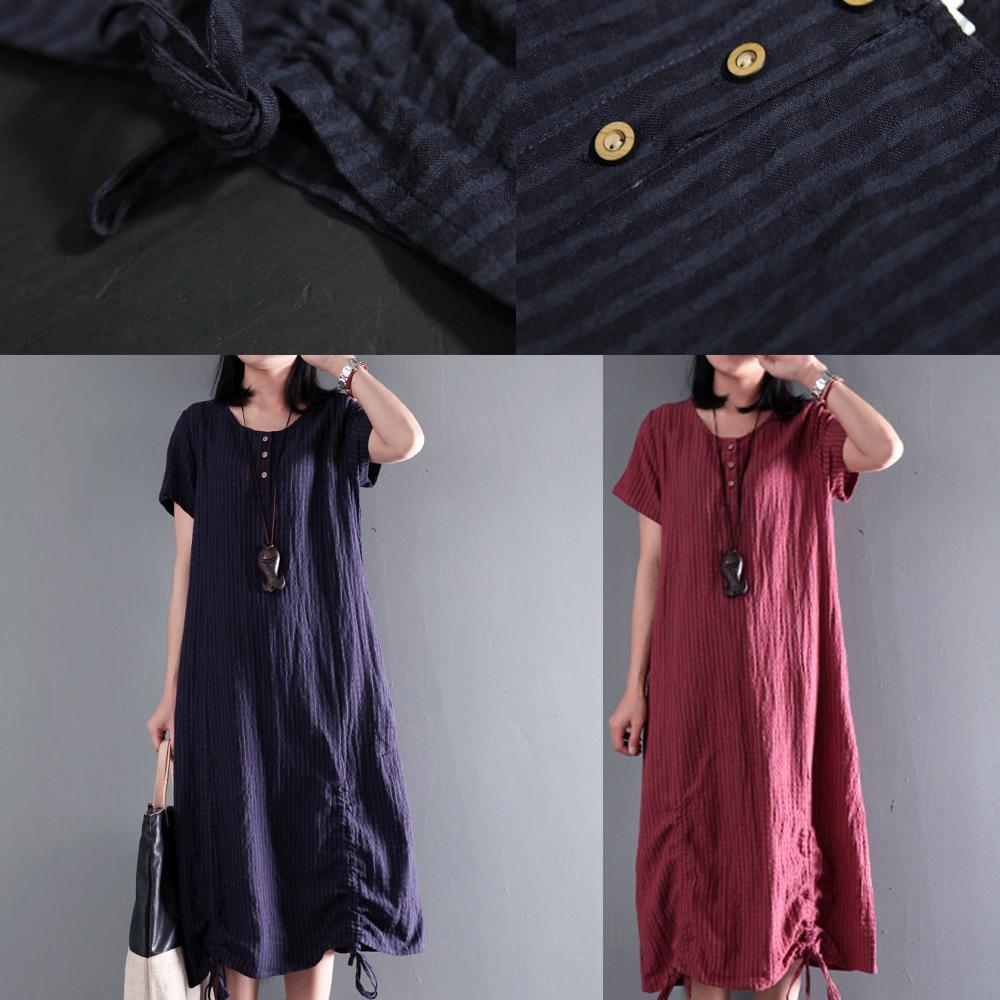 Round Neck Pinstripe Patch Pocket Side Drawstring Ruched Hem Midi Dress