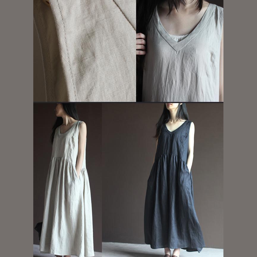 Deep V Neck Sleeveless Empire Waist Pocket Side Gathered Linen Maxi Dress
