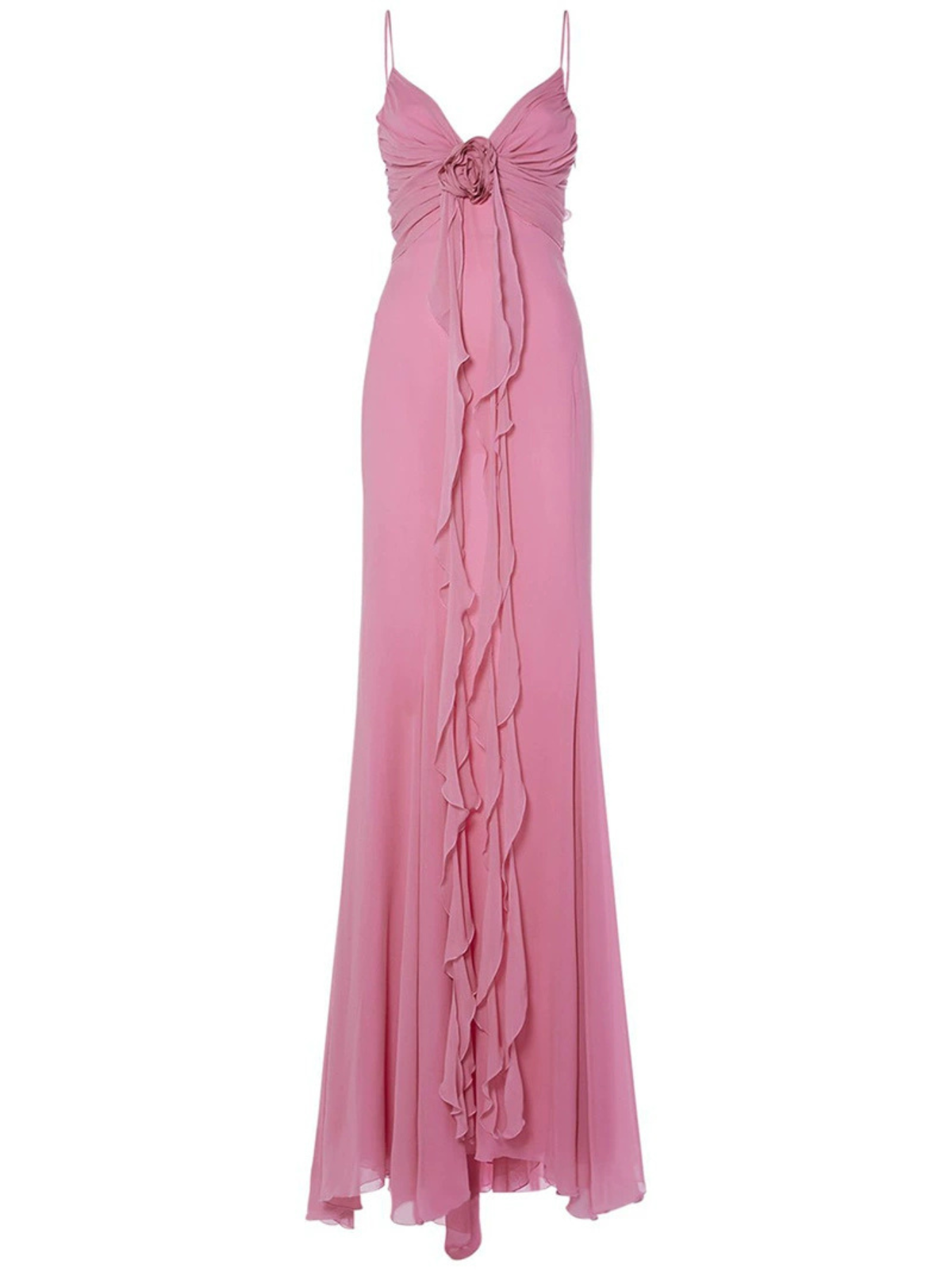 Spaghetti Strap Deep V Center Rosette Waterfall Ruffle Maxi Gown