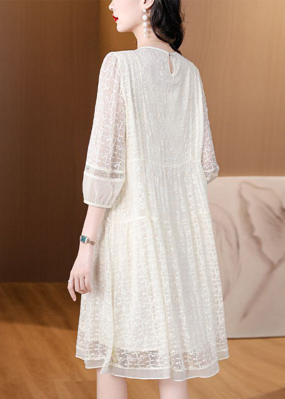 Crew Neck Three Quarter Sleeve Geometric Lace Tiered Midi Dress