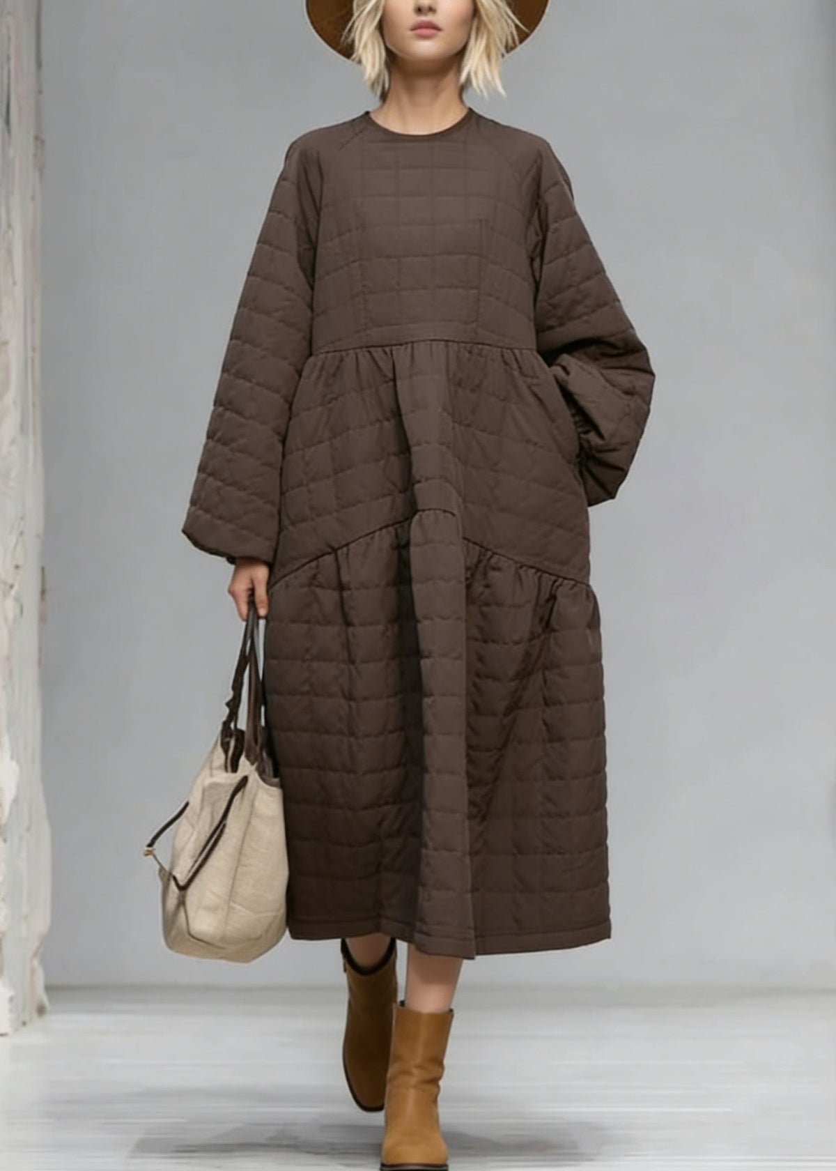 Round Neck Quilted Grid Tiered Gathered Oversized Ankle Length Maxi Dress