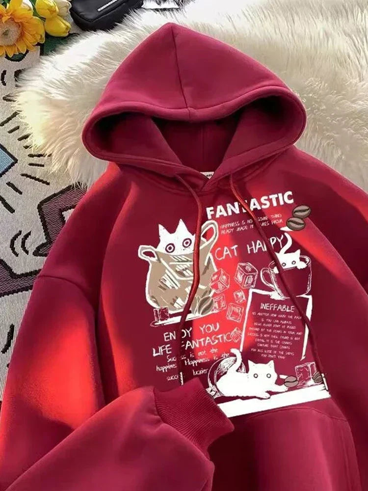Cat Cartoon Printed Pullover Hoodie
