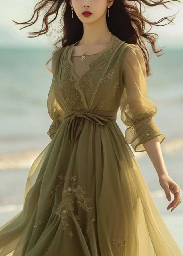 V-Neck Lace Embroidered Sheer Puff Sleeve Tie Waist Chiffon Maxi Dress