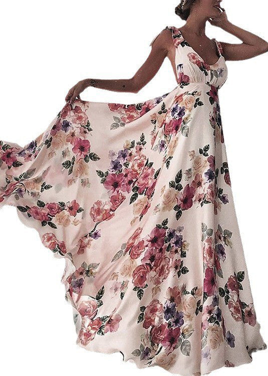 Deep V Neck Bow Shoulder Strap Large Floral Print Maxi Gown