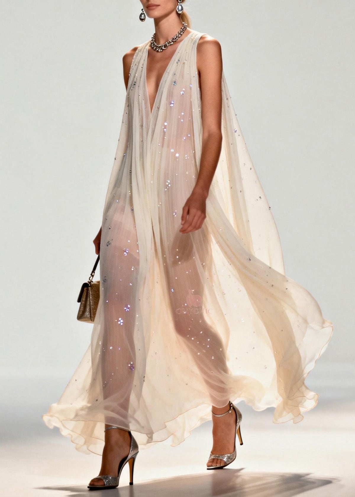 Sleeveless Deep V-Neck Pleated Sequin Embellished Cape Panel Maxi Gown